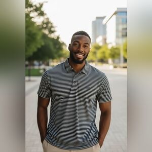 Adidas Men's 2XL Golf Polo 2 Color Striped Blue and White Shirt Side Slits